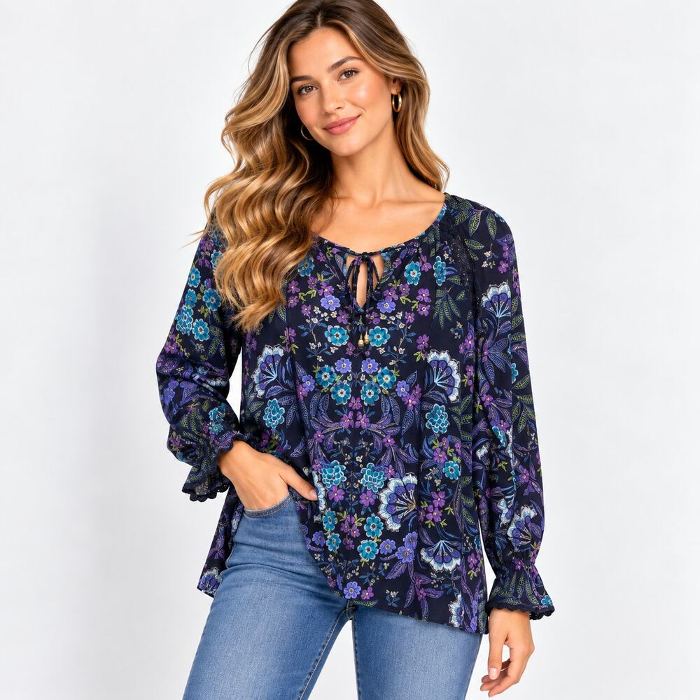 Susan Graver Liquid Knit Blouse Women's M Black Floral Lace Boho Office Cottage